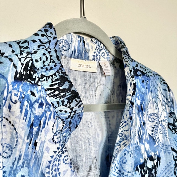 Chico's Linen-Blend Blue Ombre Sequin Paisley Open front Jacket Size 3 - Picture 2 of 9